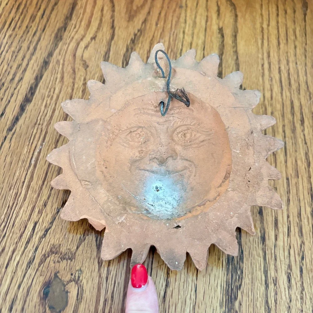 Vintage Terracotta Sun Face Wall Plaque Rustic Clay Celestial Garden Decor 6